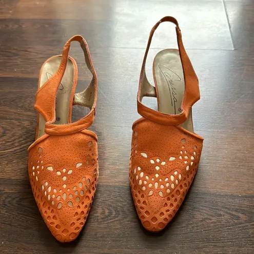 Caressa Vintage Suede Sling Back Laser Cut Heels Burnt Orange 8.5