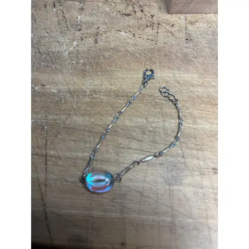 Sterling Silver Iridescent Beaded Bracelet With Oval Glass Accent & Lobster Clas