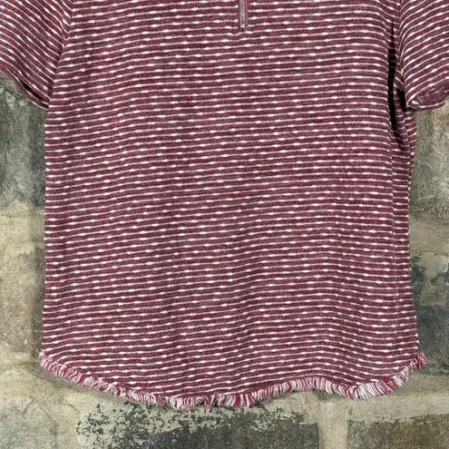 Emelia Knit Top Woman's Medium Red White Striped Fringe Hem Exposed Zipper