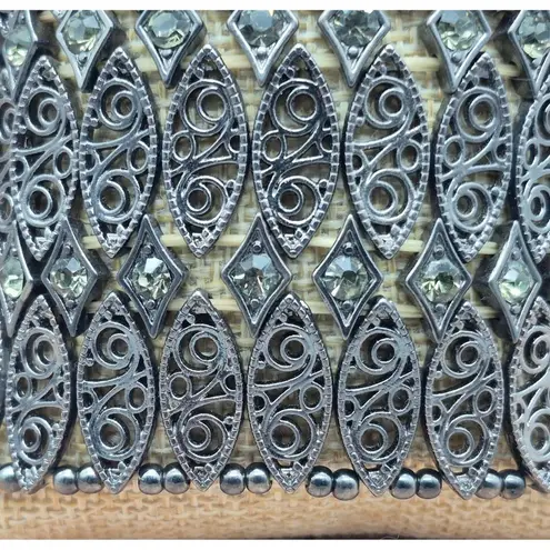 None Wide Stretch Bracelet Black Gun Metal Statement Filigree & Rhinestones One Size