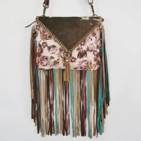 MYRA Altres Small Floral Crossbody Bag Boho Fringe Canvas Hairon Leather Purse Brown
