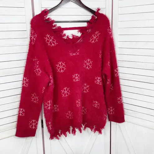Grace & Emma Snowflakes Fuzzy Distressed Fringe Trim V Neck Sweater Red Small