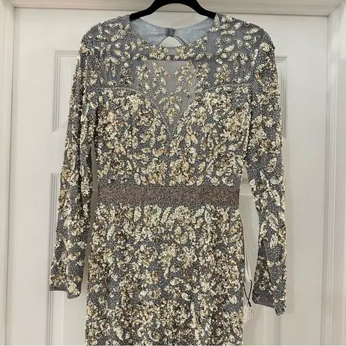 Mac Duggal 4316D Long Sleeve Beaded Formal Black Tie Evening Gown Platinum Gold