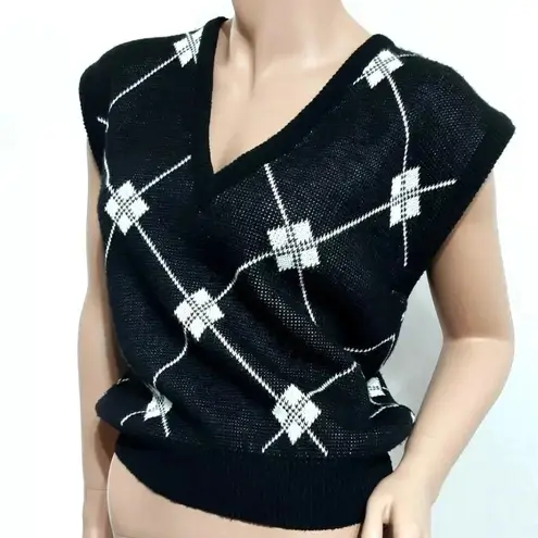 Loubella Vintage 80's Knit Vest Women Size L Diamonds pattern Black White Size L