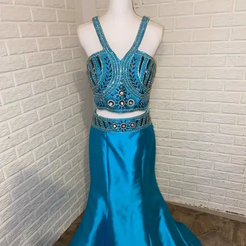 Shail K  Ornately Beaded 2 Piece Mermaid Formal Prom Dress Gown, Turquoise, sz 10