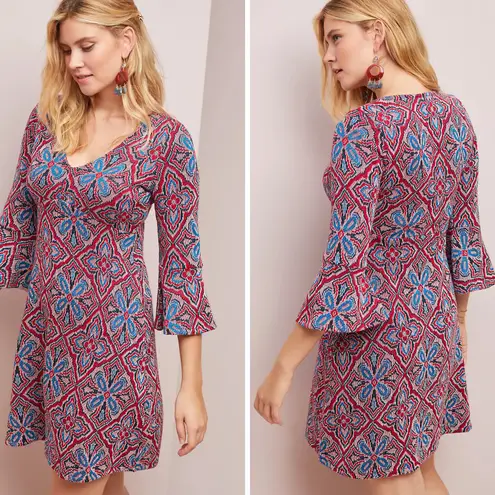 Maeve by Anthropologie Sweater Dress, Large, Red/Blue Knit Pattern 3/4 Sleeves