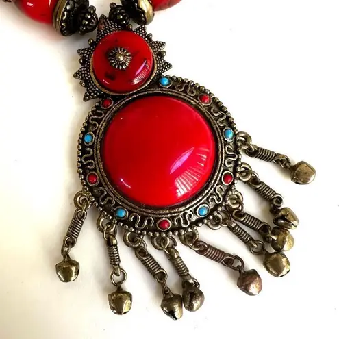 Wood Brass Faux Turquoise Tibetan Bali Style Jingle Necklace Red