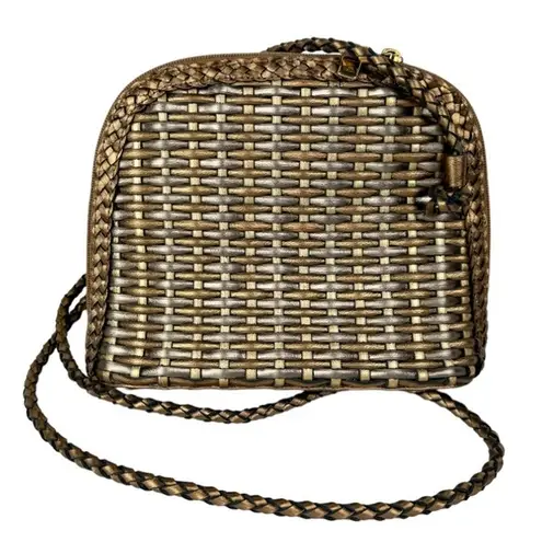Vtg CEM Gold Metallic Woven Leather Crossbody Bag Full Zip