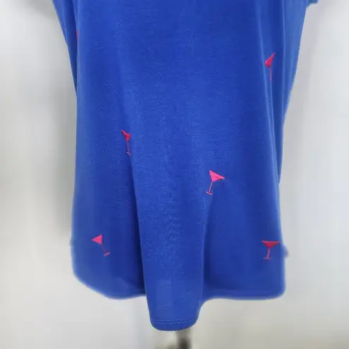 Vintage Rose Blue Top with Embroidered Martini Glass Design Red Size L
