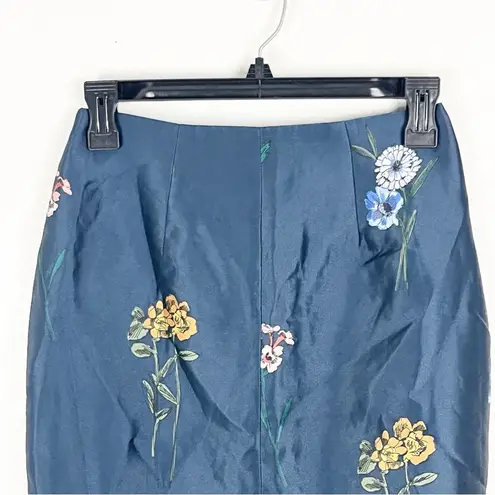 KEEPSAKE THE LABEL Afterglow Blue Floral Embroidered Front Split Skirt, Size XS