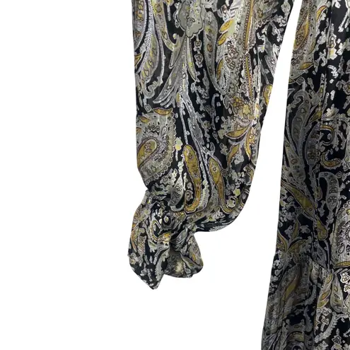Elan Boho Paisley Tiered Mini Dress Size L Long Sleeve Tie Neck Lined Flow Dress