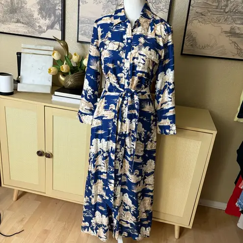 J MCLAUGHLIN Kahlo Silk Blend Belted Shirt Midi Dress Blue Imperial Toile Small