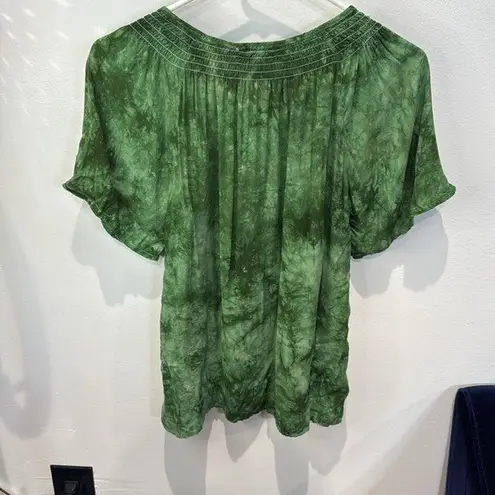 One World Green Tie Dye Embroidered Peasant Blouse Top Size L