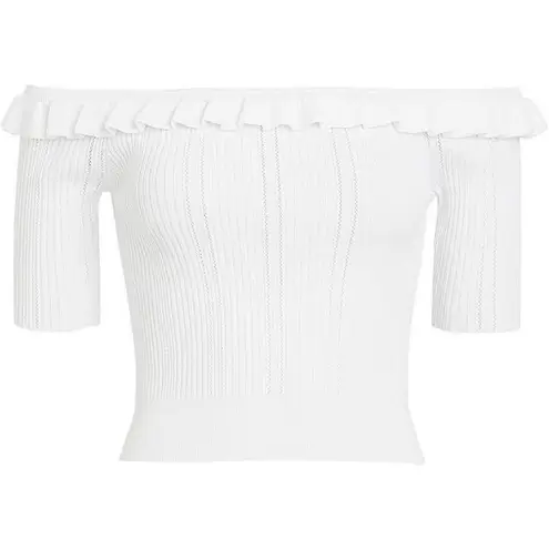 Cinq à Sept Cinq a Sept Amalia ruffled ribbed knit off-the-shoulder 3/4 sleeve crop top S