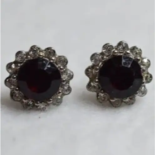Source Unknown Victorian Ruby Red Beveled Center Crystal Clear Rhinestone Silver Tone Earrings - Image 2