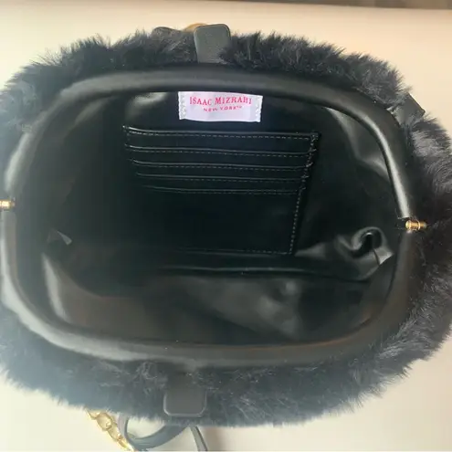 Isaac Mizrahi Black Faux Fur purse with gold chain and matching wallet NWOT