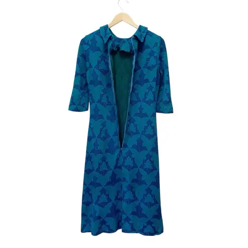 Vintage 1960s Jean Lang Original Blue Green Jacquard Leaf Print Dress Mod A