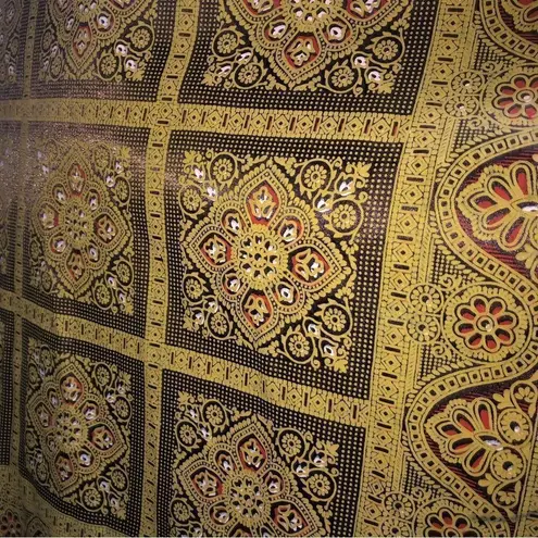 Vintage 70s Boho Kaftan Batik Golden Baroque Art Print Maxi Dress OS Brown Size undefined