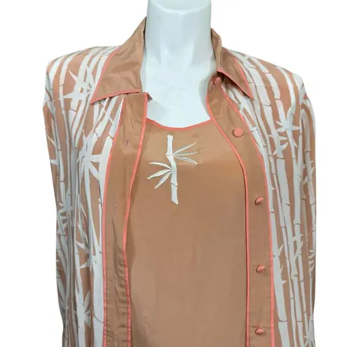 Vintage Bob Mackie Silk Tank Top & Button Down Set XL Peach Bamboo 100% Silk White