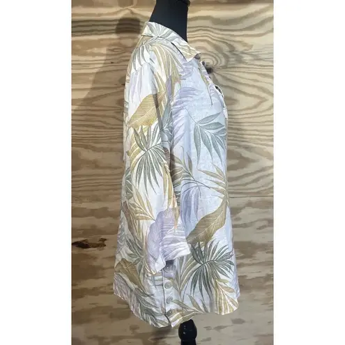 Tahari Linen Popover Blouse Size 1X Tropical Palm Print Coastal Beach Vacation