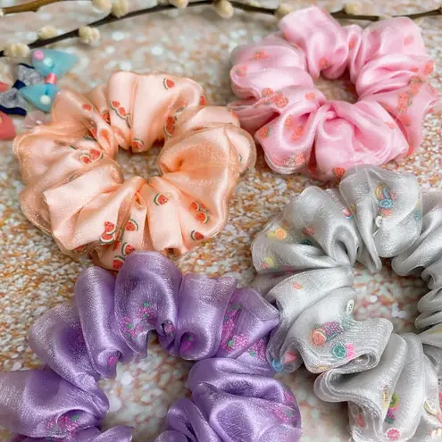 Pink Strawberry Filled Scrunchie Shaker Scrunchie Organza Satin Scrunchie