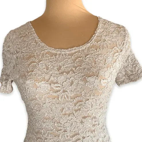 Vintage Lace Floral Sheer Top Off White Short Sleeve Fitted Romantic Small