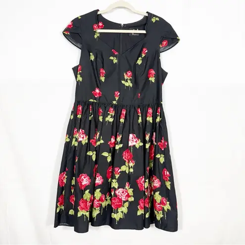 Hell Bunny Antonia Mid Dress Rose Print Floral Fit Flare Retro Pinup Rockabilly