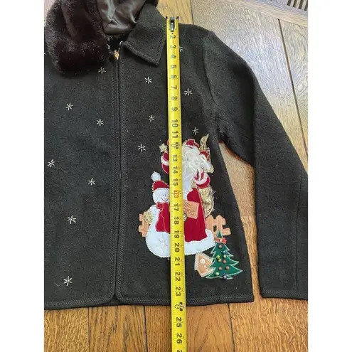 Lisa International Women’s M Black Boiled Wool Zip Jacket w/ Santa Ugly Sweater Size M