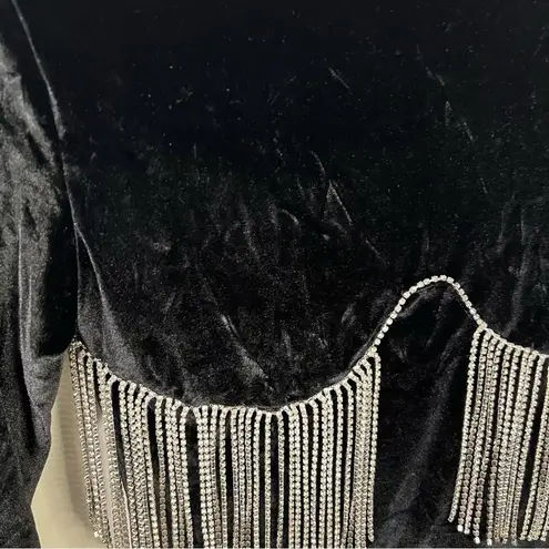 Thiliko Black Rhinestone Fringe Long Sleeve Bodycon Crushed Velvet Dress