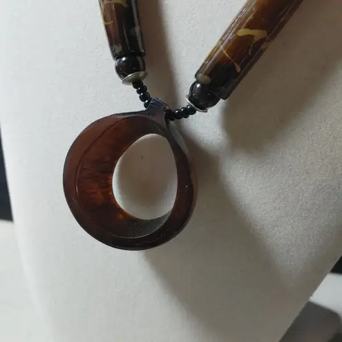 Brown Tan Horn Pendant Necklace Vintage Seed Beaded Strand Barrel Clasp Resin