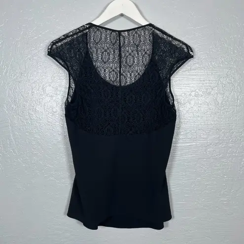 Helmut Lang Women M Black Puckered Lace Blouse Cap Sleeve Scoop Neck Casual