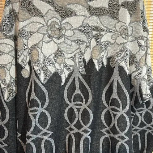 Top Notch 1980s Tunic Length Gray Floral Geometric Print Cowl Neck Sweater 1X Black