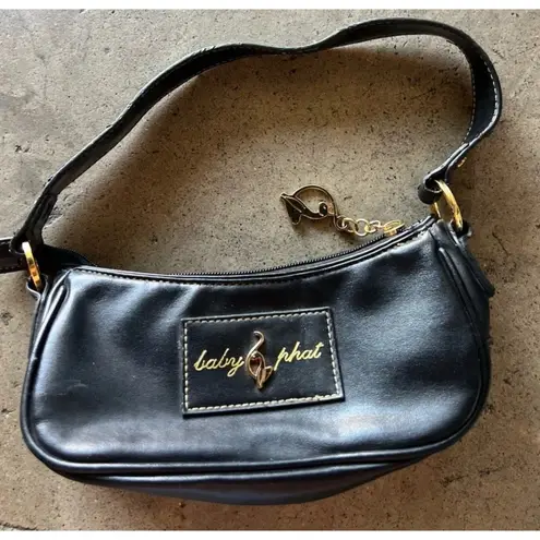 Baby Phat Vintage Mini Shoulder Handbag Black Leather Stone Logo Gold Charm RARE