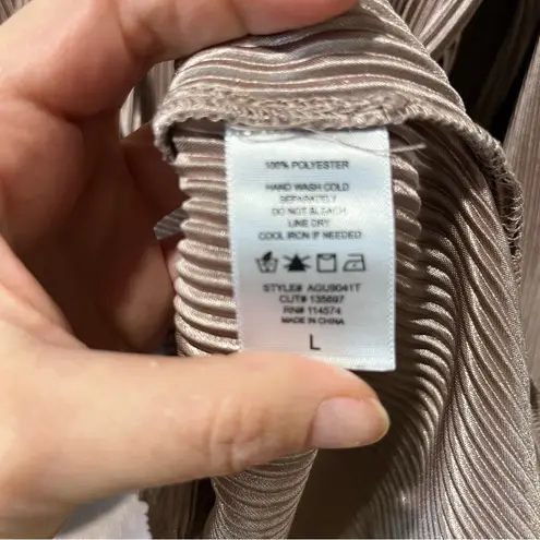 Ro & De ANTHROPOLOGIE Taupe PLEATED RIBBED BLOUSE BUTTON DOWN COLLARED TOP SZ L