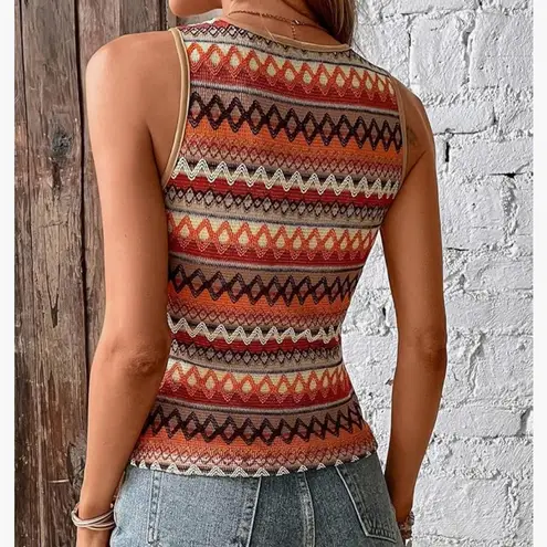 New Women's Geo Print Crewneck Sleeveless Tops Boho Top Orange Size M