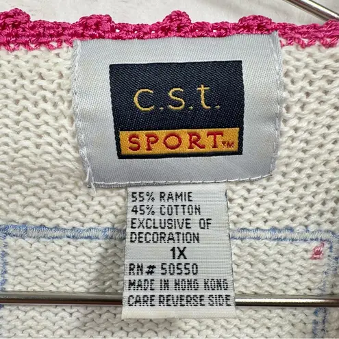 Vintage Patchwork Bunnies Rabbits Cardigan Sweater Button Front Crocheted Lace Pink Size 1X - Image 10