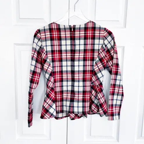 E Land Plaid Flannel Peplum Top Red Size XS