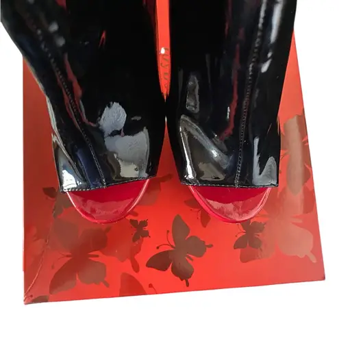 PLEASER Delight Black Red Peep Toe Corset Style Platform Ankle Boot Stiletto Size 7