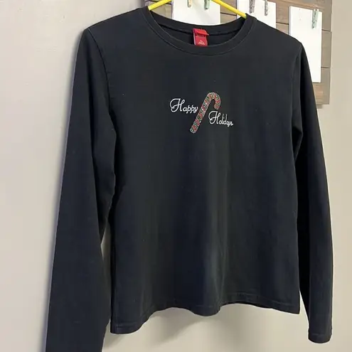 Source Unknown Black Christmas Thin Sweatshirt with Happy Holidays with Metallic Candy Cane- XL