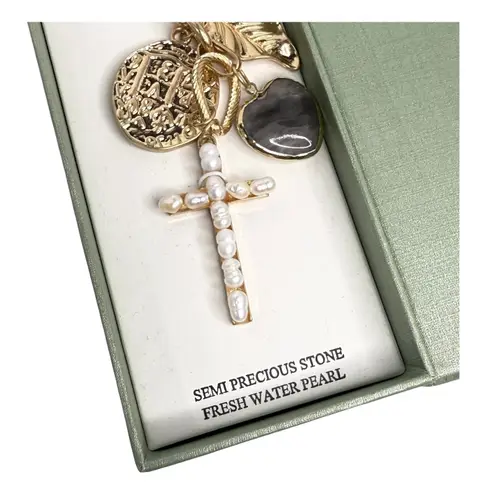 Atterri Bag Charm Stone Fresh Water Pearl Religious Cross Evil Eye Key Ring New Gold