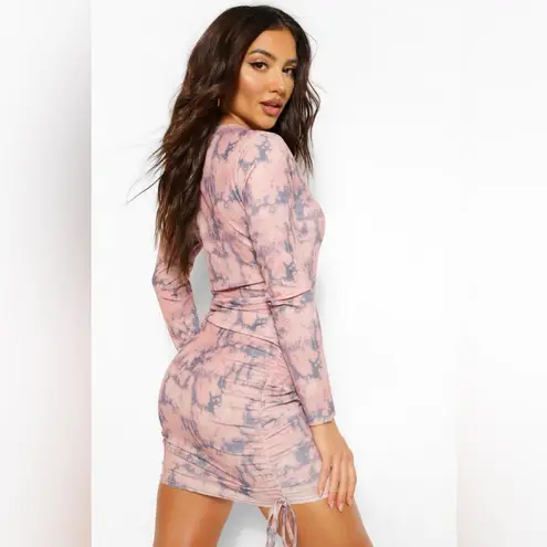 Boohoo  TIE DYE LONG SLEEVE RUCHED SIDE MINI DRESS Pink Size 10 US Medium M