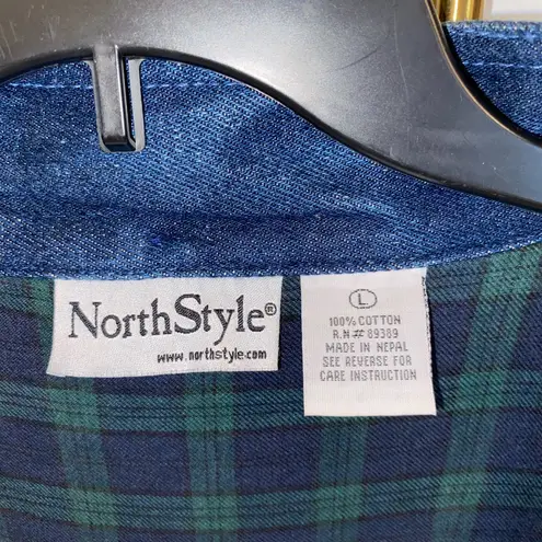 NorthStyle Denim Chore Coat Barn Jacket Green plaid flannel lining Hooded Fall Blue Size L