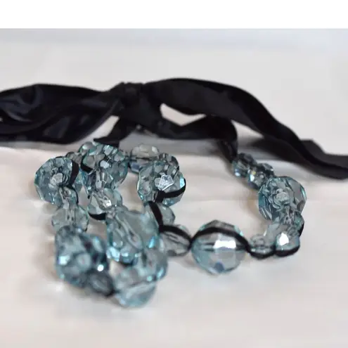 Source Unknown Voguish Large Blue Beveled Sparkle Beads Black Satin Ribbon  48+" Boho Necklace