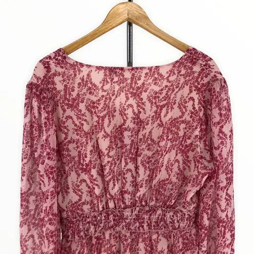 RD Style Pink Print Sheer Long Sleeve Smocked Waist Mini Dress size Large