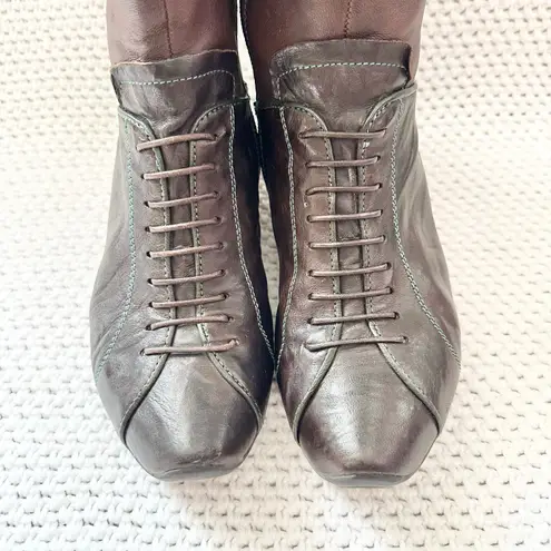 Think! Brown Leather Faux Lace Up Victorian Western Mid Calf Zip Up Boots 37.5 Size 6.5