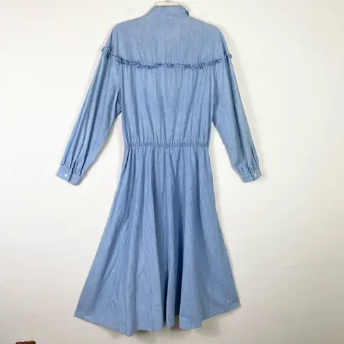 Vintage Liz Claiborne Light Wash Denim Ruffle Trim Long Sleeve A Line Dress 14 Blue