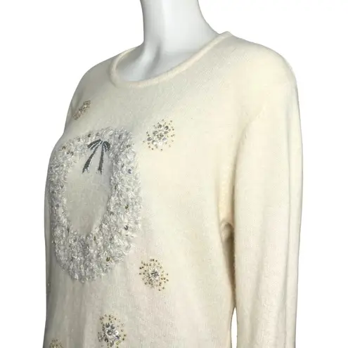 Vintage Y2K Christmas Beaded Cream Lambswool Angora Sweater Wreath Wool Medium White