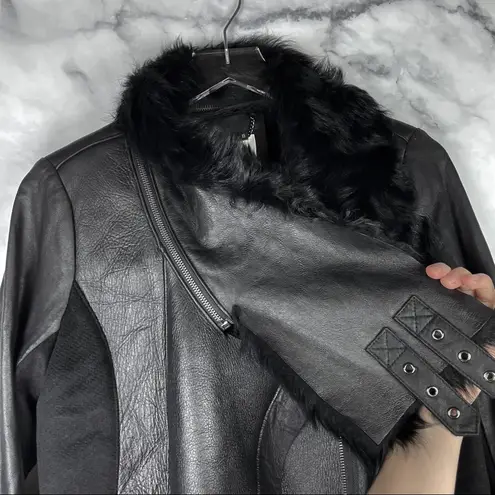 Boutique Ashley B Leather Shearling Wool Zipper Cowl Moto Biker Coat Jacket Black S $1795