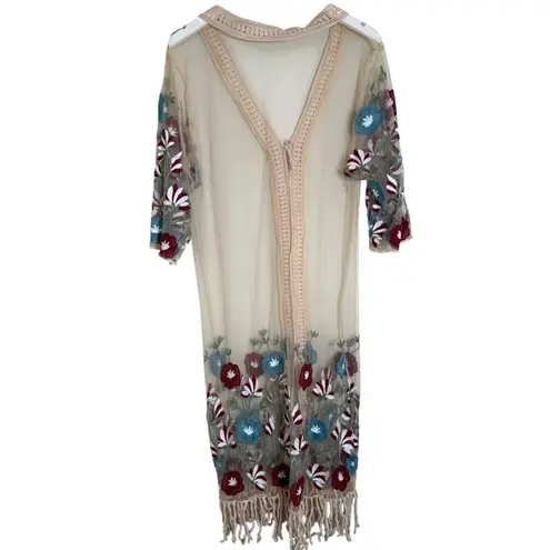 Sheer Embroidered Floral Kimono Duster S Cardigan Boho Crochet Trim Fringe Hem Tan