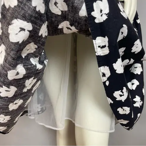 Vintage Dress Floral Party Puffed Sleeves 1980s Flared Skirt Princess Seams Black Size M